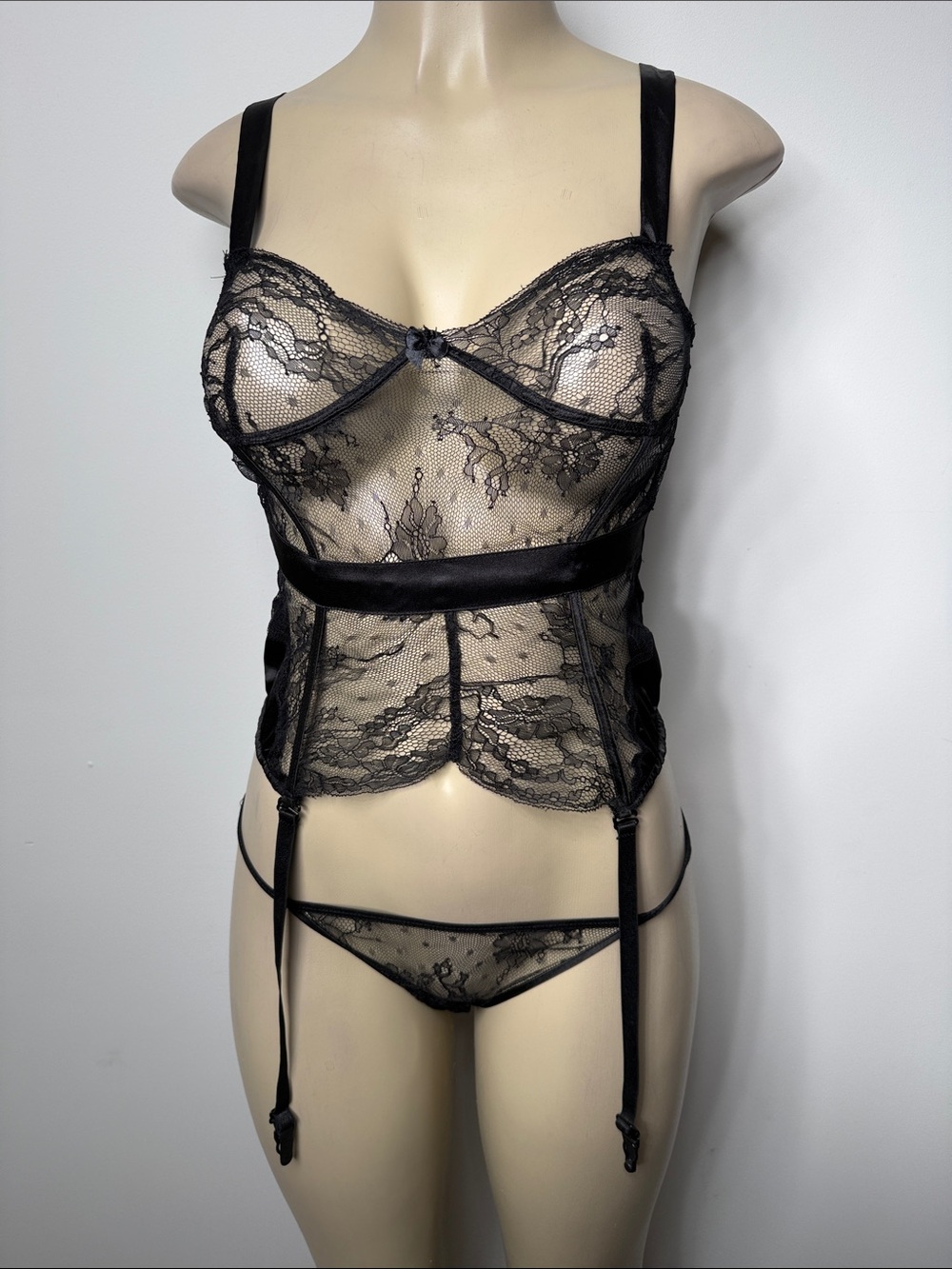 Fashion Nova Black Sheer Lace Bustier with Garter Straps
